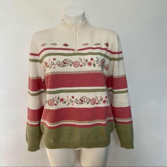 90s 1/4 Zip Knit with Floral Embroidery Detail Mom Sweater - Picture 9 of 11